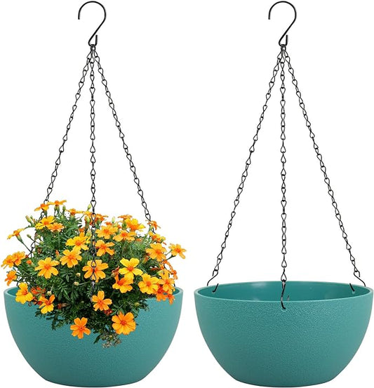 10 inch Hanging Planters for Indoor Outdoor Plants, 2 Pack Hanging Flower Pots with Drainage Holes and Chain for Garden Porch, Plastic Hanging Baskets for House Plants, Blue Green