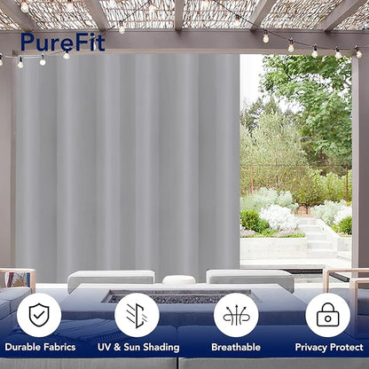 PureFit Outdoor Curtains for Patio Waterproof Weatherproof, UV Resistant Outside Curtains for Gazebo, Front Porch, Pergola, Sun Blocking Privacy Curtain, 100W x 95L inch, 1 Panel, Light Gray