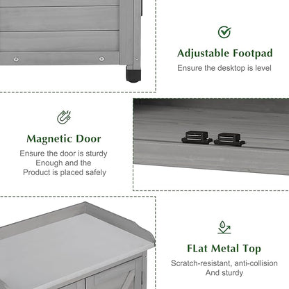Outdoor Storage Cabinet & Potting Bench Table with Metal Top, Wooden Patio Furniture, Garden Workstation (Classic Grey, 39x31.5x17in)