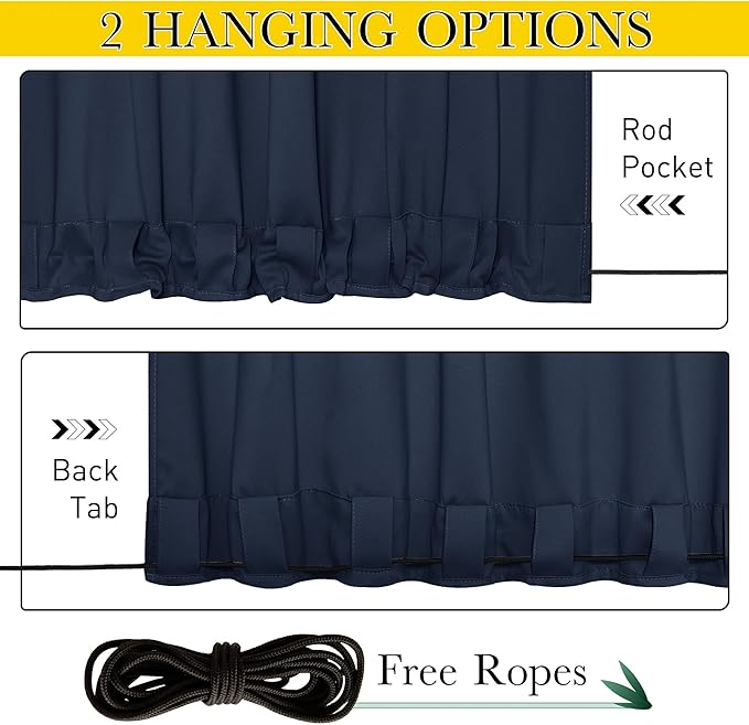 NICETOWN 2 Panels Weighted Outdoor Curtains for Patio Waterproof, Thermal Insulated Grommet & Back Tab on Top & Bottom Windproof Sun Blocking Draperies for Gazebo with Fixed Rope, Navy Blue, W66 x L84