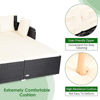 Tangkula Outdoor Rattan Daybed, Wicker Furniture with Spacious Seat, Upholstered Cushion & High-Resilience Sponge, Patio Sofa Set with 4 Pillows, 2-Person Sunbed for Poolside Backyard Garden & Balcony