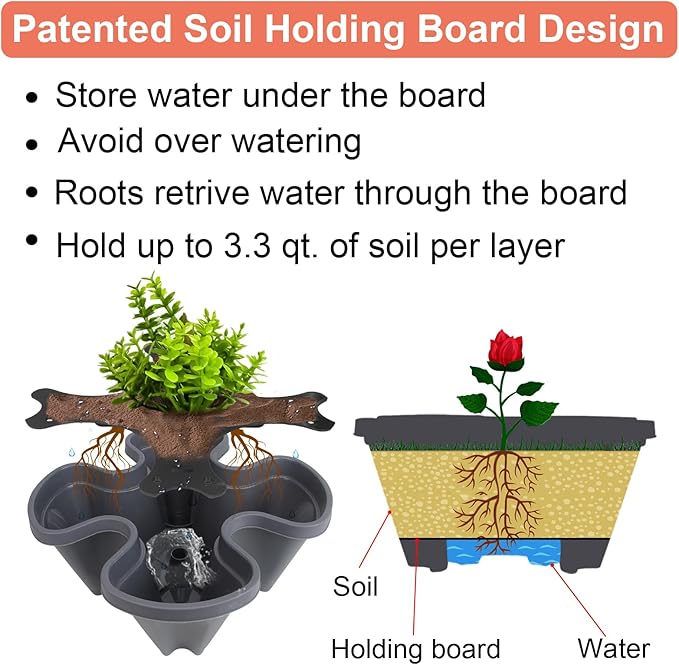 DUNCHATY Stackable Planter, Dark Gray, 5-Tier Garden Tower with Wheels, Self-Watering, Polypropylene Plastic, Indoor/Outdoor Use