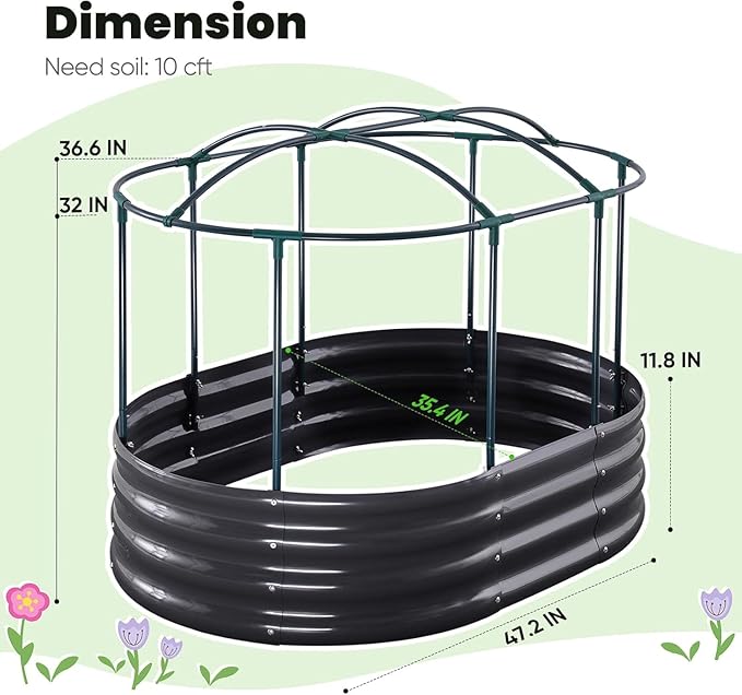 KING BIRD Raised Garden Bed with Cover Galvanized Oval Planter Garden Box Outdoor for Gardening, Vegetables, Flowers White 4x3x1 ft
