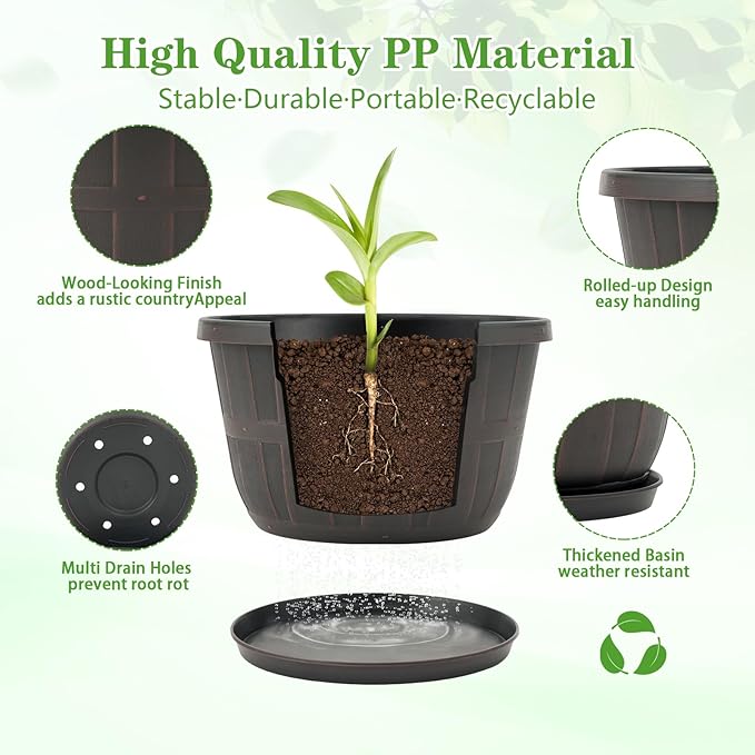 Quarut 10 inch Plastic Flower Pots for Outdoor Plants，4 Pack Large Outdoor Planter Pot with Drainage Holes & Saucers，Imitation Wine Barrel Design，for Indoor Outdoor Garden Plants（Brown）