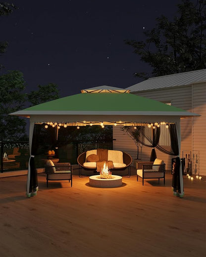 Canopy Tent 13x13 ft, Pop Up Gazebo One-Push Setup with 4 SandBags for Backyard Parties and BBQs, Mosquito Netting & Height Adjustable - Olive Green
