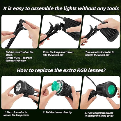 Spotlight Outdoor – 120V Plug-in, 2700K Warm White LED Landscape Spot Lights with RGB 3 Lenses for Yard, Garden, Lawn&Tree Decor, IP67 Waterproof, Perfect for Holidays&Everyday (2 Pack, Black)
