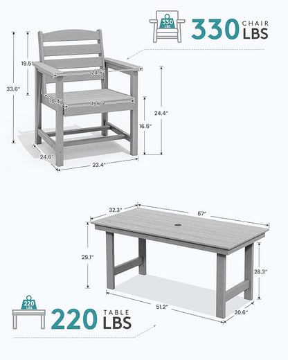 SERWALL Outdoor HDPE Dining Table Set, 7-Piece Outdoor Dining Table Sets with Umbrella Hole Cut-Out Table and 6 Chairs, Light Gray