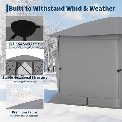 11.5x11.5FT 6-Sided Pop Up Gazebo Tent，One-Push Setup Canopy Tent with Mesh Panels & Removable Wind Cloths, Outdoor shelter for Camping, Backyard Parties, Outdoor Events - Grey