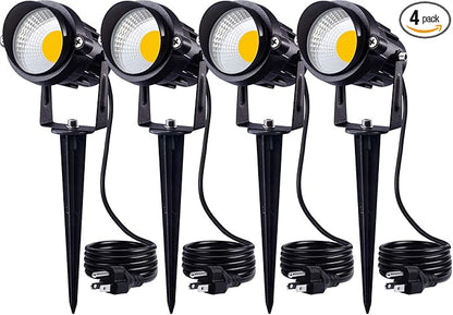 SUNVIE 120V Spot Lights Outdoor LED Landscape Lighting 12W AC Spotlights for Yard Waterproof Landscape Spotlight with Spiked Stake for Tree Garden Pathway Warm White Flag Lights US 3-Plug in, 4 Pack