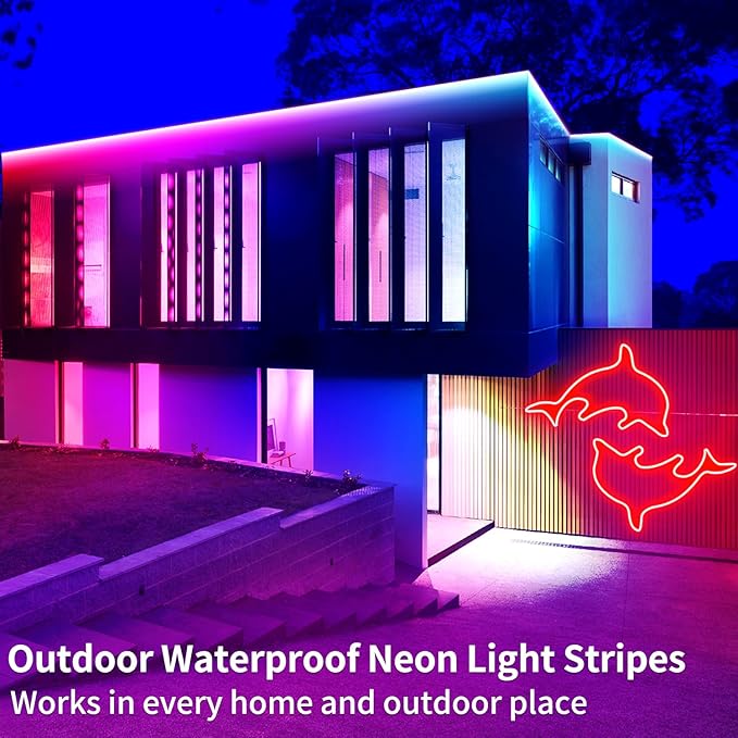 50ft RGB LED neon Rope Lights LED neon Lights with Remote Control/APP Control IP65 Waterproof Flexible Neon LED Strip Lights for Bedroom Room Outdoors Décor