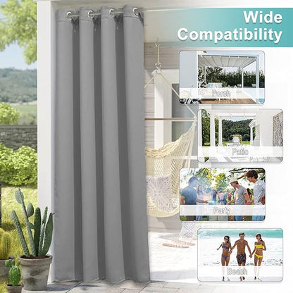 NICETOWN 120" L Outdoor Curtain for Patio Waterproof, Thermal Insulated Stainless Steel Grommet Blackout Outdoor/Indoor Curtain Privacy Protect for Landscape, 1 Panel, 52" Wide, Silver Grey