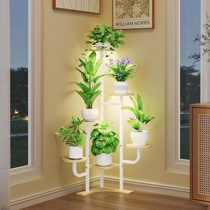 Corner Plant Stand with Grow Light - 6 Tier Plant Stand Indoor Round Metal Plant Shelf with Adjustable Light, Plant Organizer for Living Room, Graden, Home Decor (Maple)