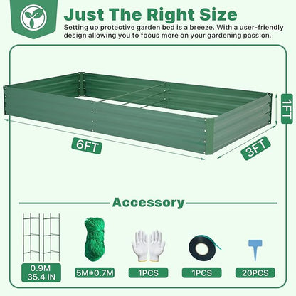 ONCEMORE Galvanized Raised Garden Bed for Vegetables Flowers Herbs, Metal Raised Garden Bed Kit with 2 PCS Tomato Cage, Gloves, Trellis Netting, Plant Labels, Plant Ties, Green 6×3×1FT