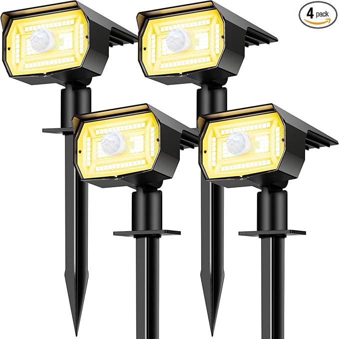Solar Spot Lights Outdoor Motion Sensor with 3 Modes, [ 4 Pack/56 LED ] Solar Spotlights Outdoor Waterproof 2-in-1 Auto On/Off Landscape Lighting for Outside Yard Wall Garden Pathway, Warm White