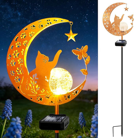 ZNYCYE Solar Lights Outdoor Decorative Moon Cat Butterfly Solar Stake Lights Birthday Gifts for Women mom Grandma, Garden Decor Waterproof for Walkway, Yard, Lawn, Patio (Warm White)