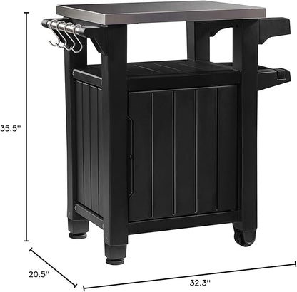 Keter Unity Small 40 Gallon Grill Prep Table and Storage Cart, Grey – BBQ Station with Wheels and Stainless Steel Top, Portable Serving Stand for Patio, Deck, and Backyard