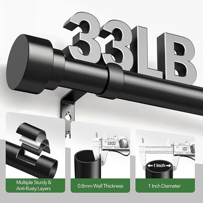 Time Forest Curtain Rods for Windows 32 to 170, 1 Inch Adjustable Black Heavy Duty Long Window Outdoor Curtain Rod for Patio, Modern Drapery Rods with Simple End Caps, Size 32"-170"