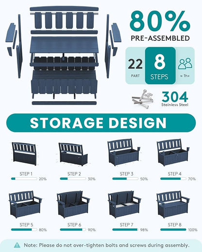 SERWALL HDPE Outdoor Storage Bench, All-Weather, UV-Resistant Deck Box with Waterproof Storage Bags, 57 Gallon Dual-Use Seat & Organizer Deck Boxes for Patio, Garden Tools & Pool (Navy Blue)