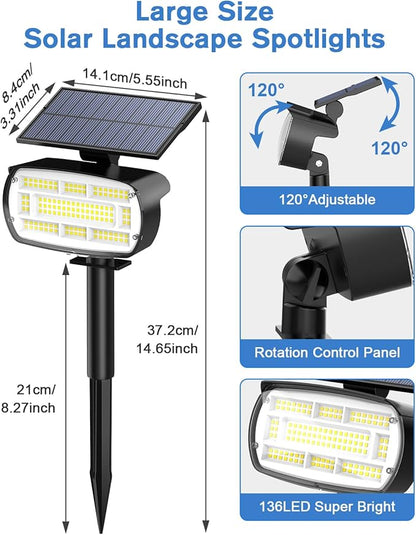 Fabrito Large Solar Spot Lights Outdoor 2 Pack, 1000 Lumens High Brightness, IP65 Waterproof Solar Spotlight with 136 LEDs, Dusk to Dawn Solar Landscape Lights for Yard, Garden, Pathway, Plants(White)