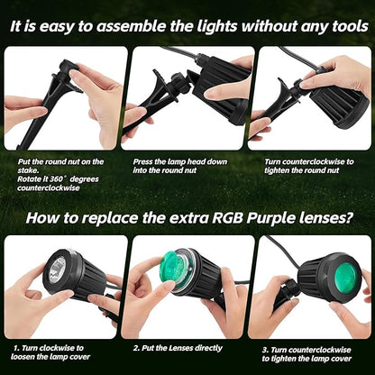 Spotlight Outdoor – 120V Plug-In, 6500K Cool White LED Landscape Lighting with RGB Purple 4 Color Lenses for Yard, Garden, Lawn & Tree Decor on Holidays&Everyday, IP67 Waterproof (2 Pack,Black)