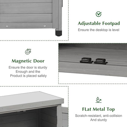Outdoor Storage Cabinet & Potting Bench Table with Metal Top, Wooden Patio Furniture, Garden Workstation (Classic Grey, 36x31x17in)