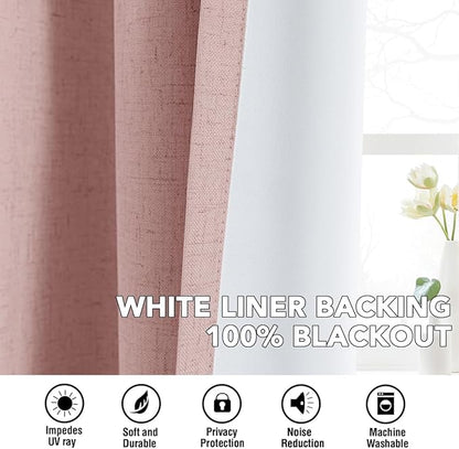 H.VERSAILTEX Linen Curtains 100% Blackout Curtains for Bedroom 96 inch Long Full Light Blocking Nature Linen Blended Window Curtains for Living Room Nickel Grommet (2 Panels, Heathered Baby Pink)