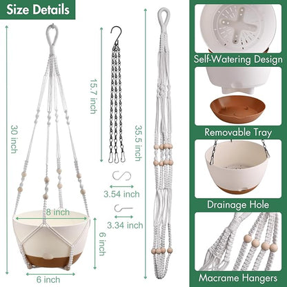 montresor Set of 2-8 Inch Hanging Planters for Indoor Plants with Self-Watering Includes Hanging Pots for Plants, Outdoor Plant Pot with Drainage, and 2 Types of Hanging Baskets Hangers (White)