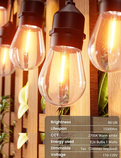 Svater Outdoor Led String Lights 25 FT, Patio Lights for Outside with 9pcs S14 Shatterproof Bulbs, 1 Watt E26 Dimmable, IP65 Waterproof, Commercial Grade Bistro Light 2700K Warm White