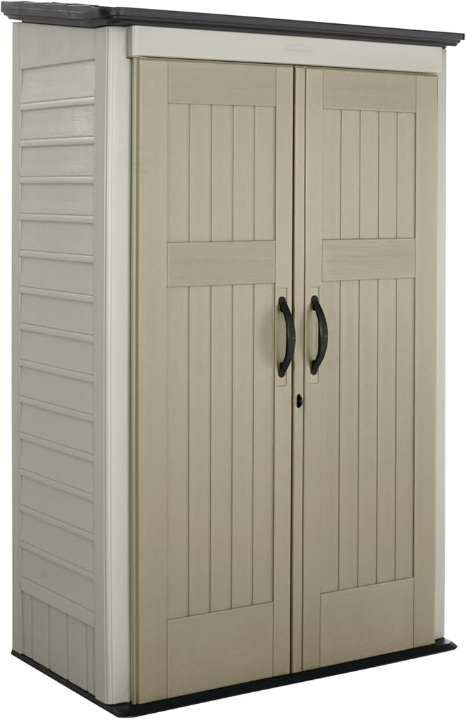 Rubbermaid Vertical Resin Outdoor Storage Shed With Floor (4 x 2.5 Ft) Weather Resistant Beige/Brown Organization for Home/Backyard/Pool Chemicals/Toys/Garden Tools/Porch/Patio Cushions