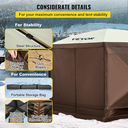 VEVOR Pop Up Gazebo Screen Tent, Pop-Up Instant Gazebo Tents with Mosquito Netting Outdoor Canopy, 6 Sided Sun Shelter 10x10ft with 6 Removable Wind Cloths & 2 Mesh Windows, Pavilion Tent for Patio