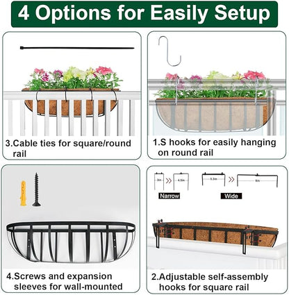 4 Pack 16" Railing Planter Window Box with Coco Fiber Liner Horse Trough Planter The Railing Planters Boxes for Deck Porch Fence Outdoor