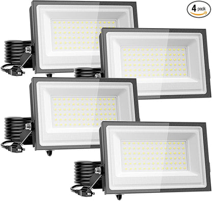 110W Flood Lights Outdoor, LED Work Light with Plug, Daylight White 6500K LED Flood Light, IP66 Waterproof Exterior Security Lights for Yard Garage Stadium 4 Pack