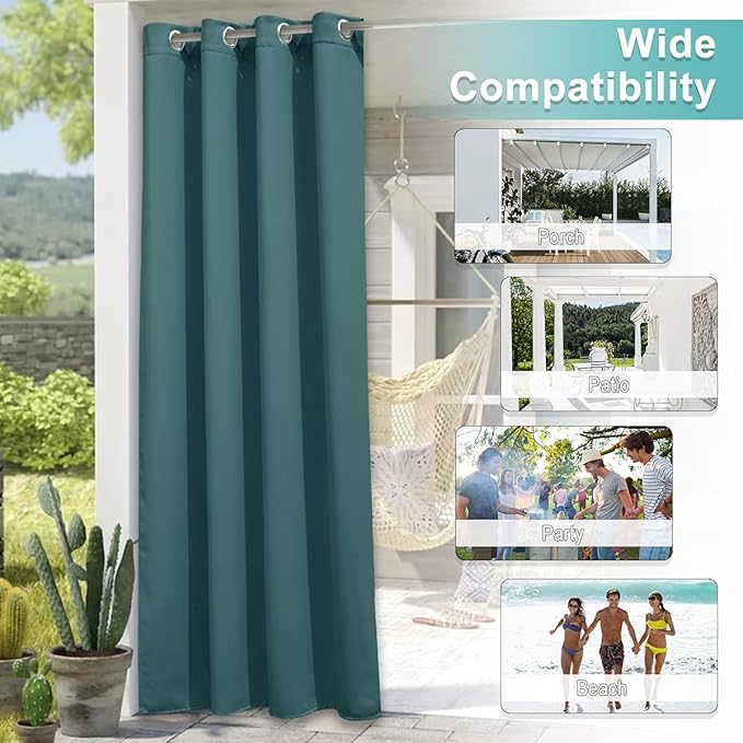 NICETOWN 2 Panels Patio Outdoor Curtains Waterproof, Thermal Insulated Rustproof Grommet Blackout Indoor Outdoor Gazebo Curtains/Drapes for Outdoor Activity, Teal, W52 by L84