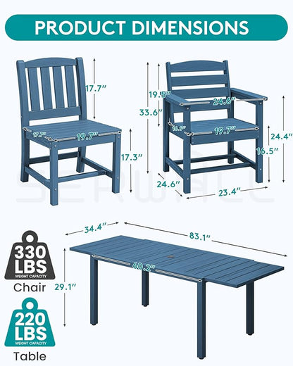 SERWALL 11-Piece Outdoor Dining Set, 60" - 83" Expandable Outdoor Dining Table and 10 HDPE Chairs, All Weather HDPE Outdoor Furniture Set for Backyard, Garden, Blue