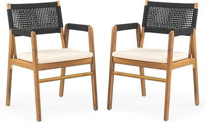 Christopher Knight Home Pasco Acacia Wood Outdoor Dining Table Set for 6, Wicker Patio Dining Set with Acacia Wood Table and Bench, Patio Table and Chair Set with Cushion+Rope Back, Black+Teak+Brown