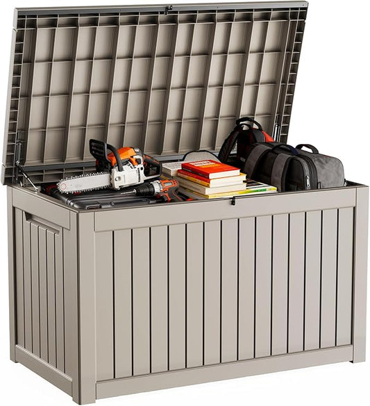 DRATO 280 Gallon Deck Box, Waterproof Resin Large Outdoor Storgae Box for Patio Furniture, Patio Cushions, Gardening Tools, Pool Supplies, Lockable（Gray，280 Gallon）