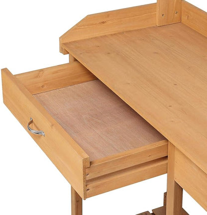 Yaheetech Potting Bench Outdoor Garden Work Bench Station Planting Solid Wood Construction for Horticulture w/Sink Drawer Rack Shelves Natural Wood
