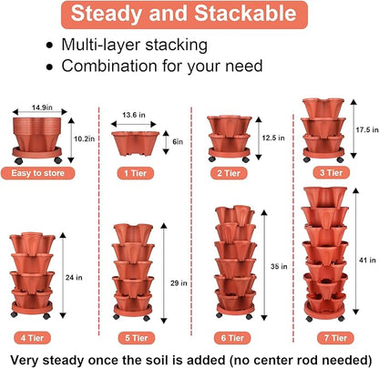 GameXcel Vertical Planter 7 Tier Stackable Planters Garden Planters Strawberry Herb Flower and Vegetable Planter Indoor Outdoor Gardening Pots with Removable Wheels and Tools 2-Pack