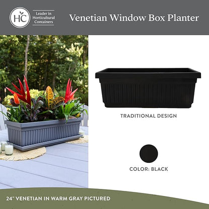 The HC Companies Venetian Window Planter Box w/Drain Plug - Long Planter Box for Windowsills, Balconies & More - Plastic Large Rectangular Outdoor Planters for Herbs & Flowers (24" Black, Pack of 1)