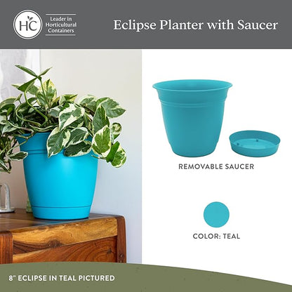 The HC Companies 12 Inch Eclipse Round Planter Pots with Drainage Holes & Attached Saucer, Lightweight UV-Resistant Plastic Indoor & Outdoor Planters, 2-Pack Flower Pots for Garden & Home Decor, Teal