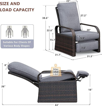 ATR ART TO REAL Outdoor Wicker Recliner Chair with 5.5'' Cushions, Automatic Adjustable Patio Chaise Lounge Chairs, Aluminum Frame Reclining Chair, UV Resistant, Rustless (Grey)