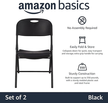 Amazon Basics Portable Folding Plastic Chair, Events Seating, Easy to Store, 350-Pound Capacity, Black, 2-Pack