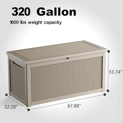 DRATO 320 Gallon Deck Box, Outdoor Large Waterproof Resin Storage Box with Lockable Lid for Patio Cushions, Gardening Tools（Gray，320 Gallon）