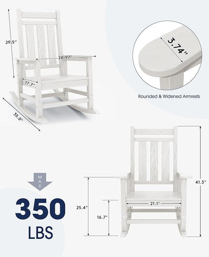KINGYES Oversized Outdoor Rocking Chair Set of 8, All-Weather Patio Rocking Chairs for Porch, HDPE Outdoor Patio Rockers with High Back & Wide Seat for Garden, Lawn, White