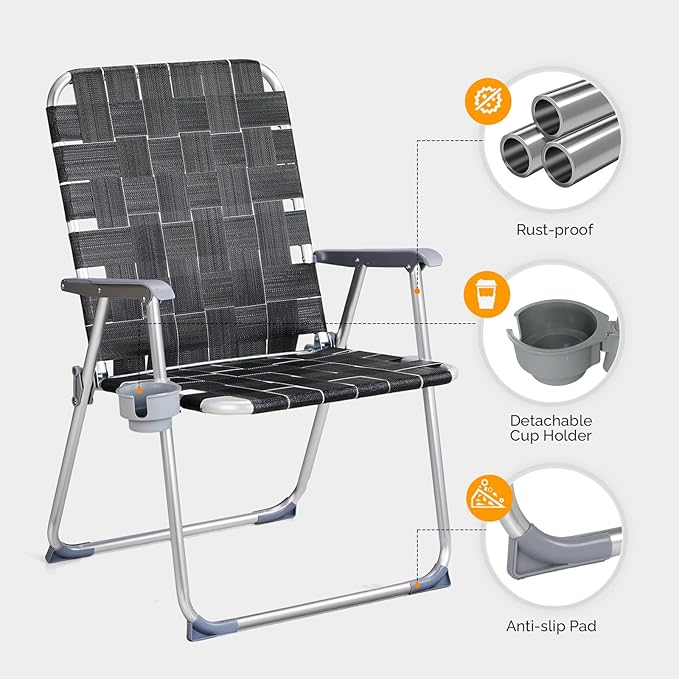 VINGLI Aluminum Oversize Patio Lawn Chairs Folding Set of 2 with Detachable Cup Holder, Webbed Beach Chair Folding Chair Outdoor Portable Camping Chair for Yard, Garden