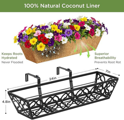 Y&M Flower Boxes for Deck Railings 24inch 4packs, Deck Railing Planter Boxes with Coir Liner Outdoor Railing Window Boxes Planters Hanging Planter Flower Box