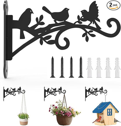 Metal Hanging Plant Bracket with Birdie Pattern 2 Pack – Heavy Duty Plant Hooks for Hanging Flower Baskets，Plants, Bird Feeder, Wind Chime - Indoor/Outdoor Use，Black Matte Texture (9 in)