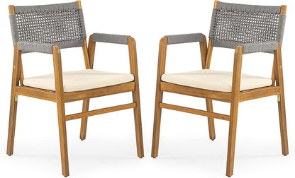 Christopher Knight Home Pasco Acacia Wood Outdoor Dining Table Set for 6, Wicker Patio Dining Set with Acacia Wood Table and Bench, Patio Table and Chair Set with Cushion+Rope Backrest,Brown+Teak+Grey