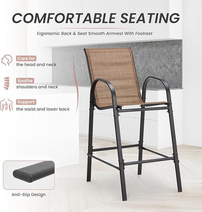 HOMREST Outdoor Bar Height Stools Set of 8,High Back Patio Chairs with Armrests,Textilene Chairs with Breathable Fabric & Metal Frame for All Weather,Brown
