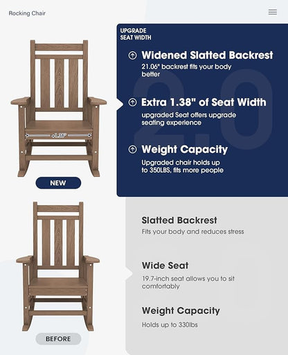 KINGYES Oversized Outdoor Rocking Chair Set of 8, All-Weather Patio Rocking Chairs for Porch, HDPE Outdoor Patio Rockers with High Back & Wide Seat for Garden, Lawn, Brown